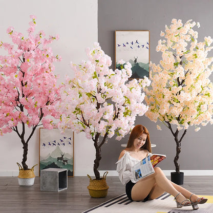 Home Decoration Artificial Cherry Tree Bonsai Wedding Indoor Living Room Floor Fake Plant with Basin Simulated Flower Decoration