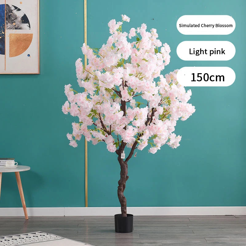Home Decoration Artificial Cherry Tree Bonsai Wedding Indoor Living Room Floor Fake Plant with Basin Simulated Flower Decoration