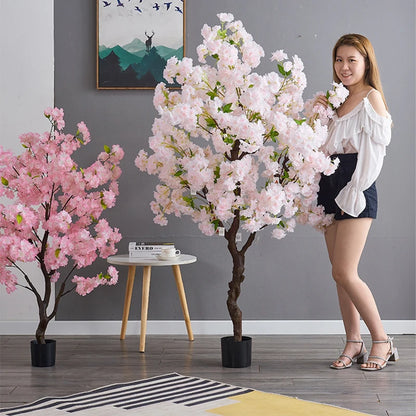Home Decoration Artificial Cherry Tree Bonsai Wedding Indoor Living Room Floor Fake Plant with Basin Simulated Flower Decoration