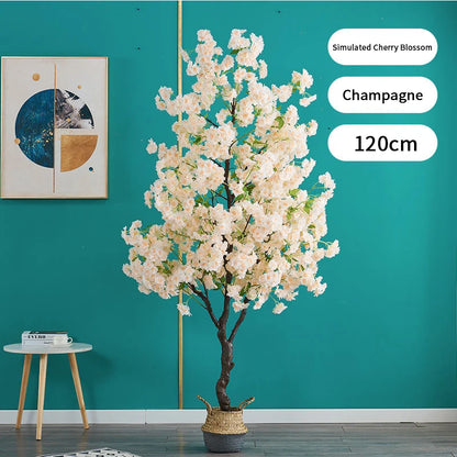 Home Decoration Artificial Cherry Tree Bonsai Wedding Indoor Living Room Floor Fake Plant with Basin Simulated Flower Decoration