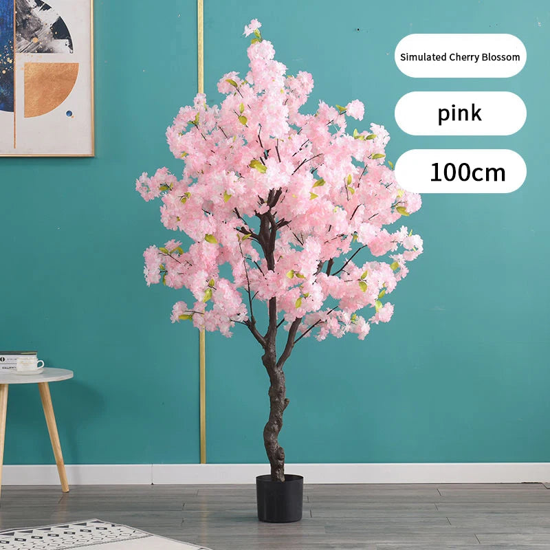 Home Decoration Artificial Cherry Tree Bonsai Wedding Indoor Living Room Floor Fake Plant with Basin Simulated Flower Decoration