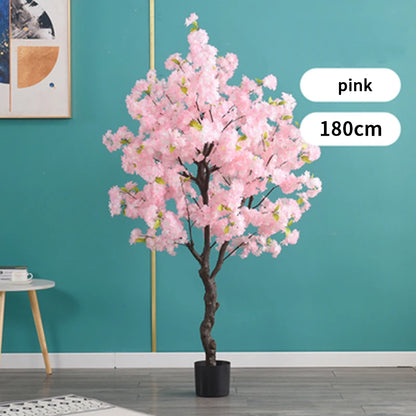 Home Decoration Artificial Cherry Tree Bonsai Wedding Indoor Living Room Floor Fake Plant with Basin Simulated Flower Decoration