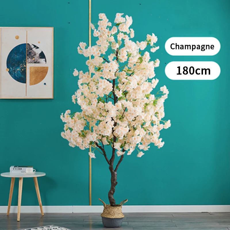 Home Decoration Artificial Cherry Tree Bonsai Wedding Indoor Living Room Floor Fake Plant with Basin Simulated Flower Decoration