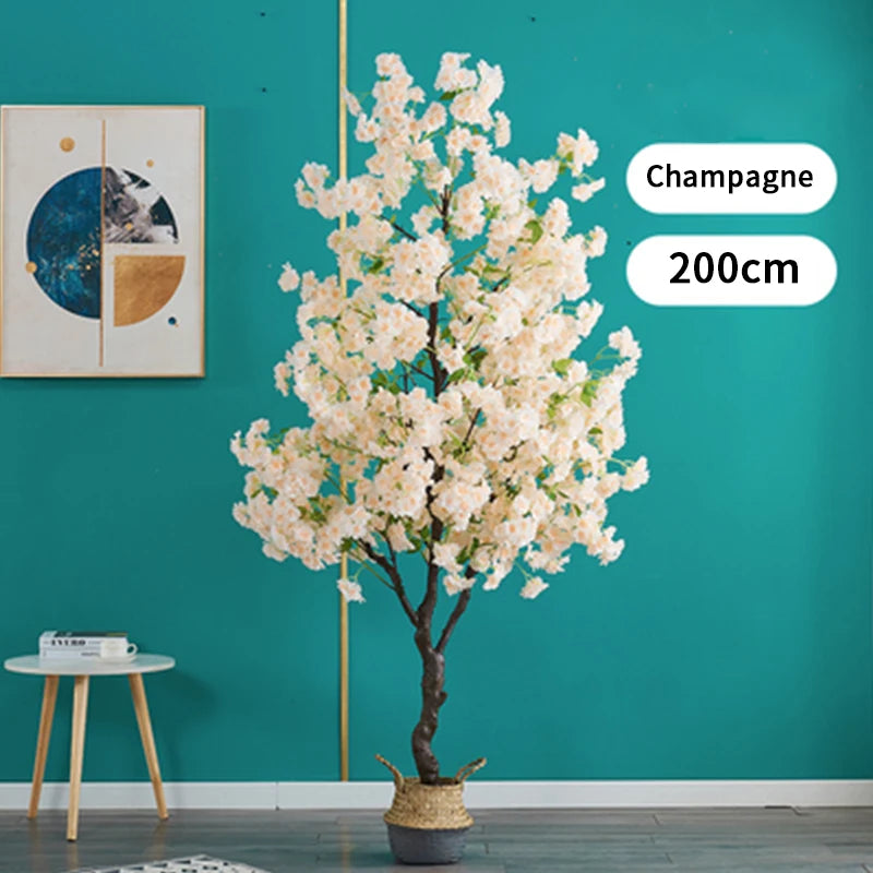 Home Decoration Artificial Cherry Tree Bonsai Wedding Indoor Living Room Floor Fake Plant with Basin Simulated Flower Decoration